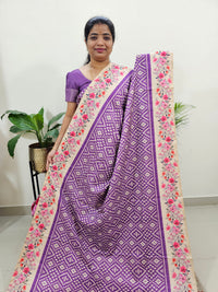 Semi Tussar Digital Prints with Contrast Border - Purple with Floral Border