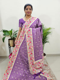 Semi Tussar Digital Prints with Contrast Border - Purple with Floral Border