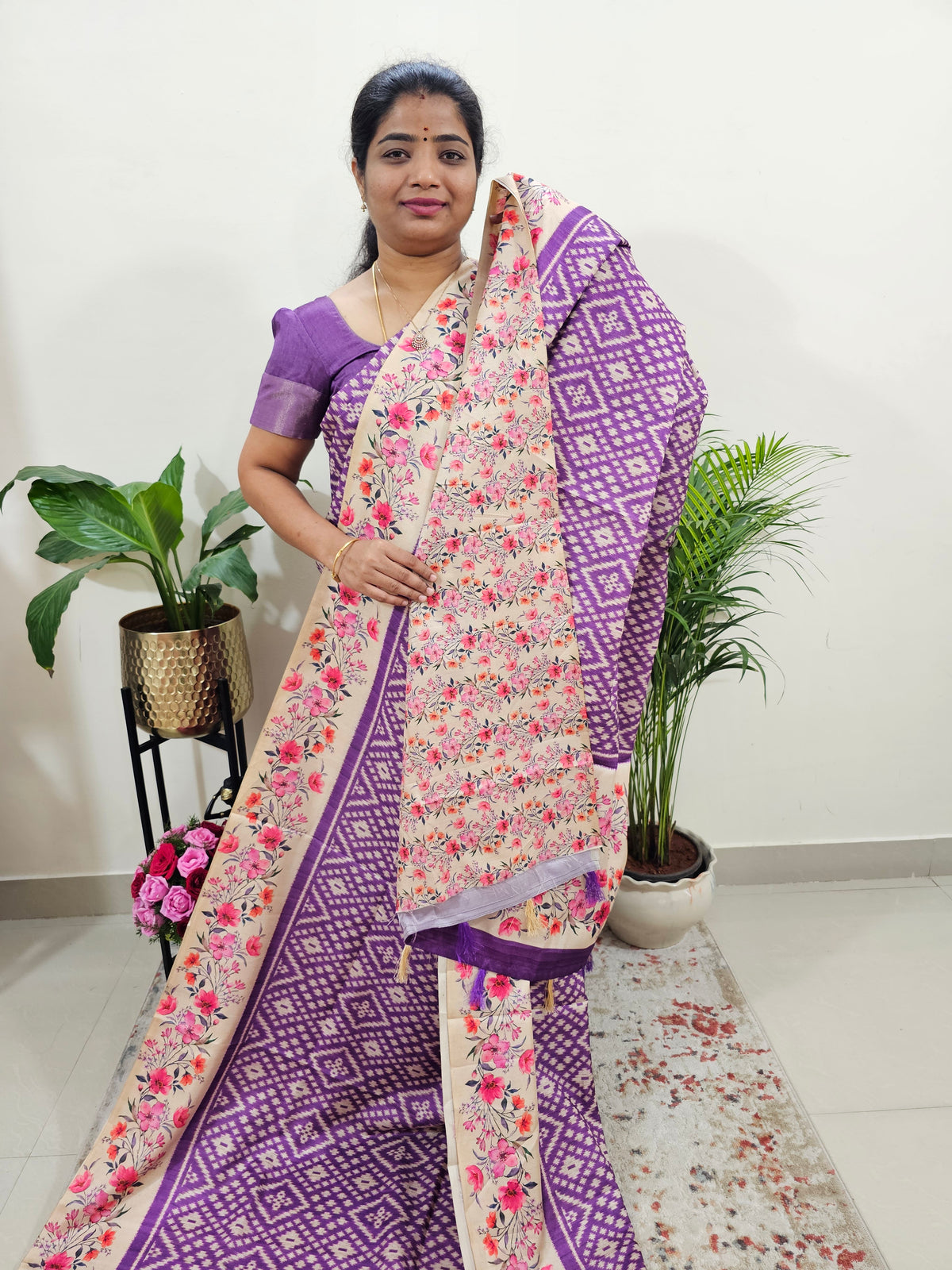 Semi Tussar Digital Prints with Contrast Border - Purple with Floral Border