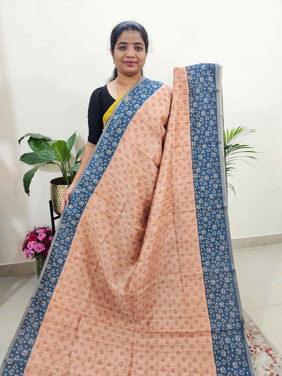 Semi Ghicha Floral Printed Saree - Pastel Peach with Blue