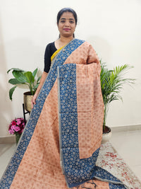 Semi Ghicha Floral Printed Saree - Pastel Peach with Blue