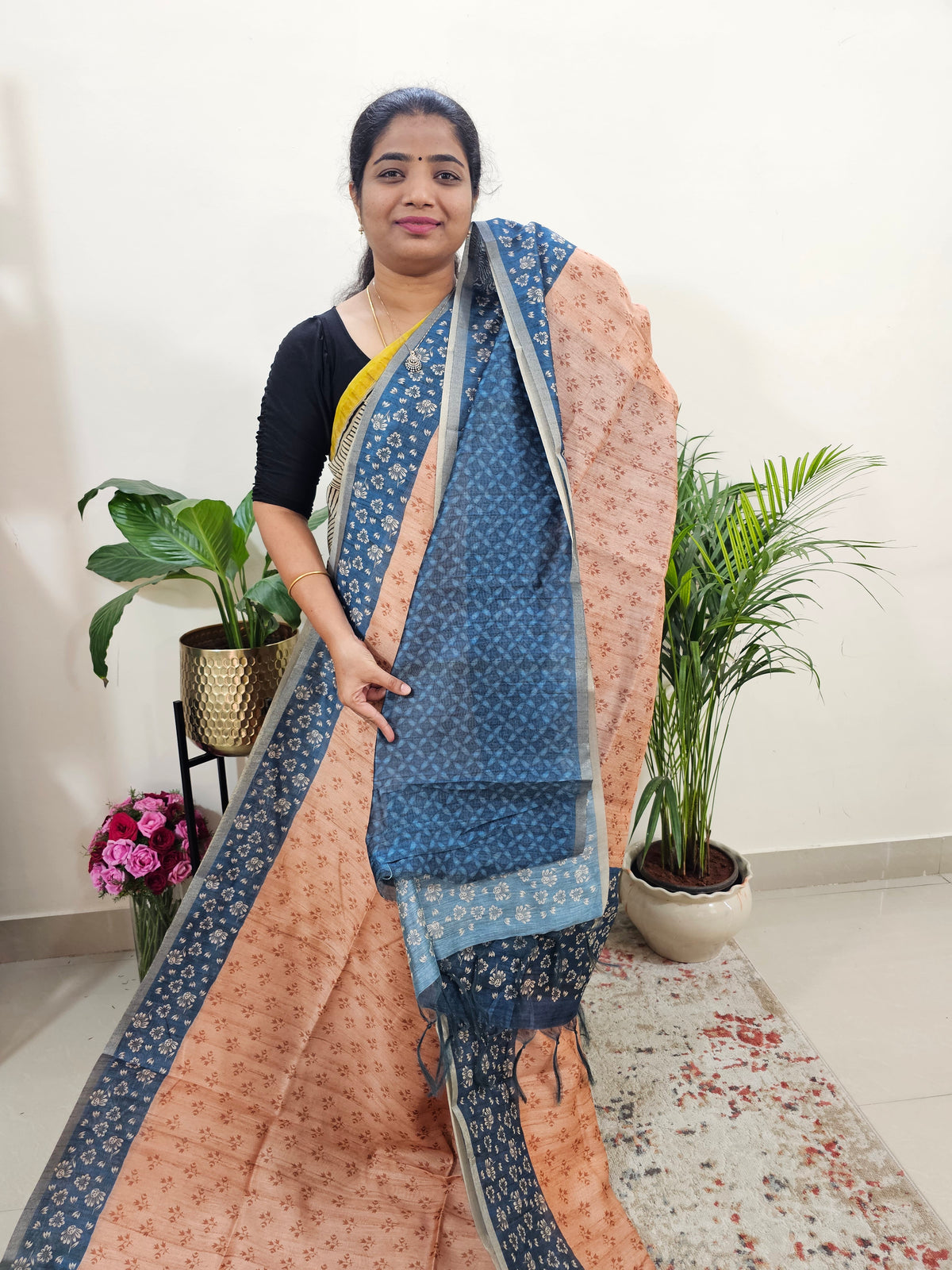 Semi Ghicha Floral Printed Saree - Pastel Peach with Blue