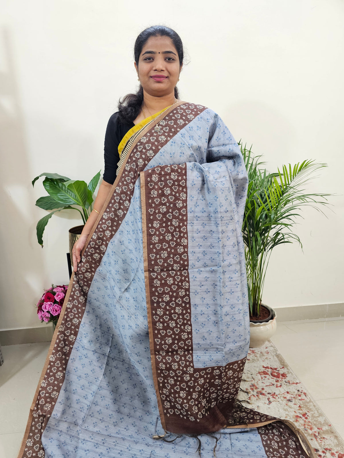 Semi Ghicha Floral Printed Saree - Grey with Brown