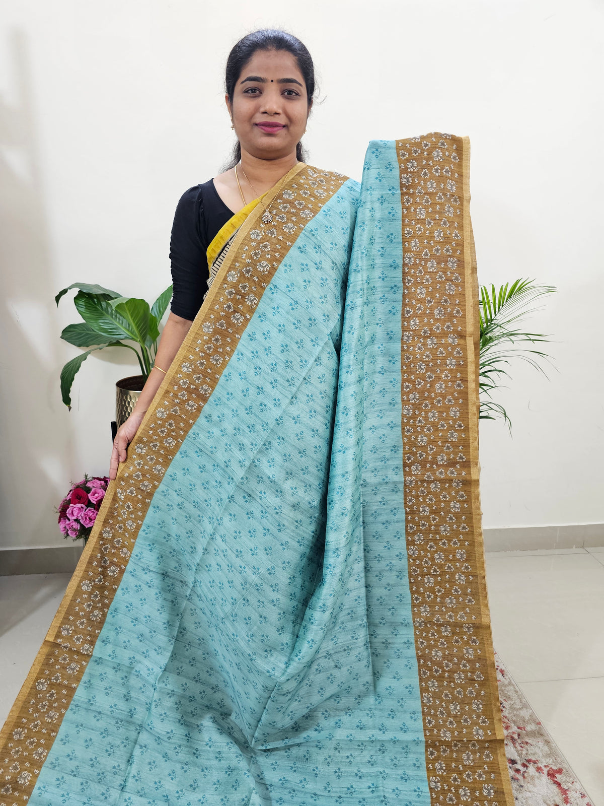 Semi Ghicha Floral Printed Saree - Sea Green with Mehindi