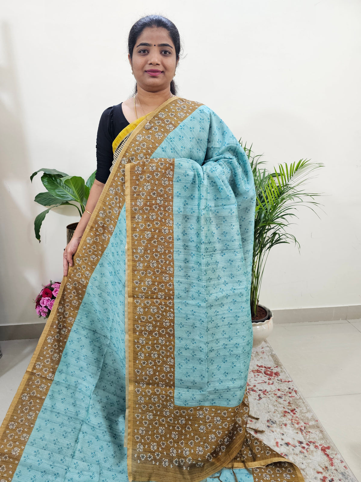 Semi Ghicha Floral Printed Saree - Sea Green with Mehindi