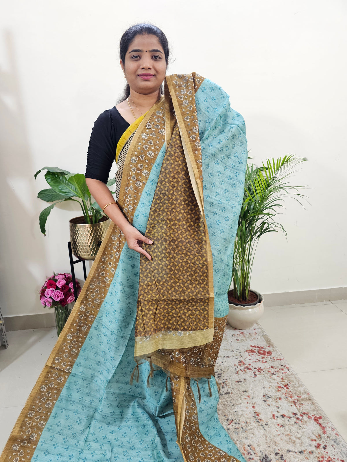 Semi Ghicha Floral Printed Saree - Sea Green with Mehindi