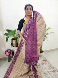 Semi Ghicha Floral Printed Saree - Beige with Purple