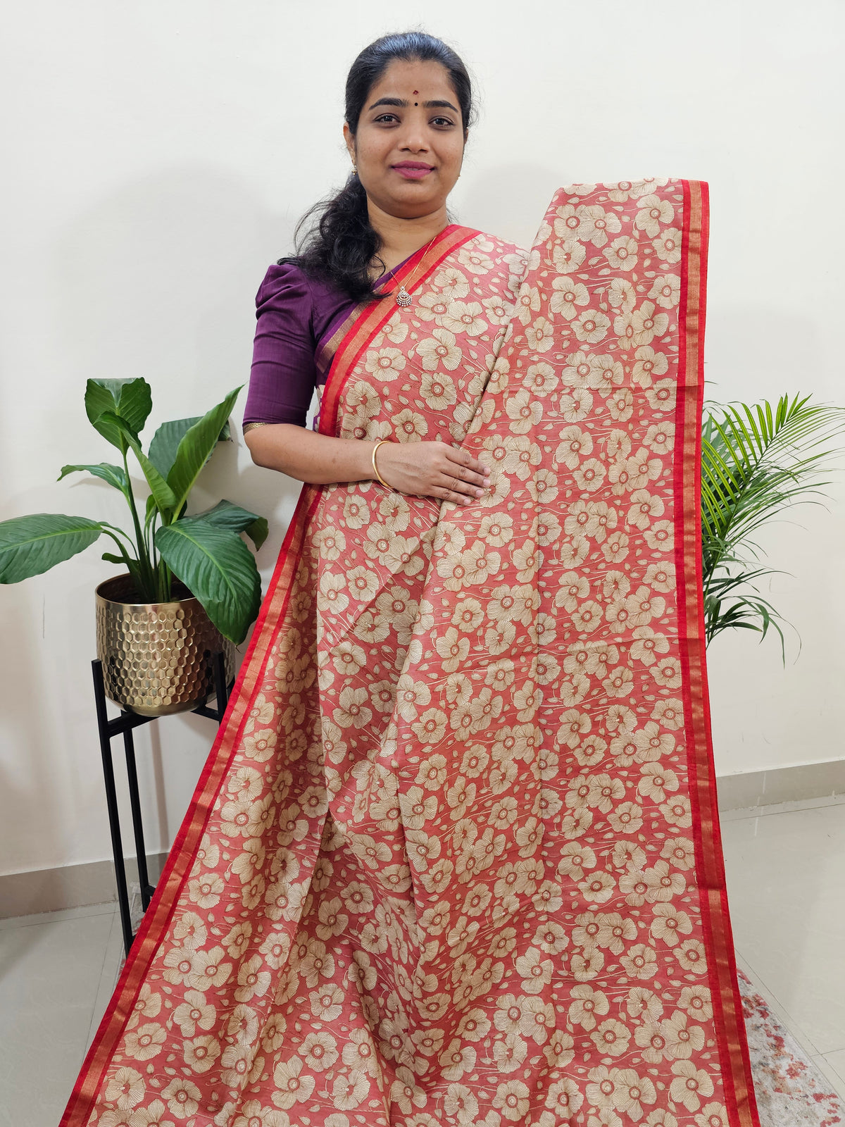 Tussar by Cotton Kalamkari- Red