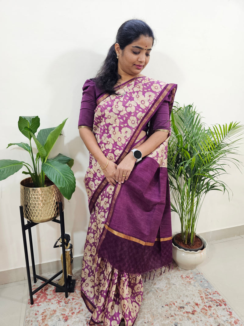 Tussar by Cotton Kalamkari- Purple