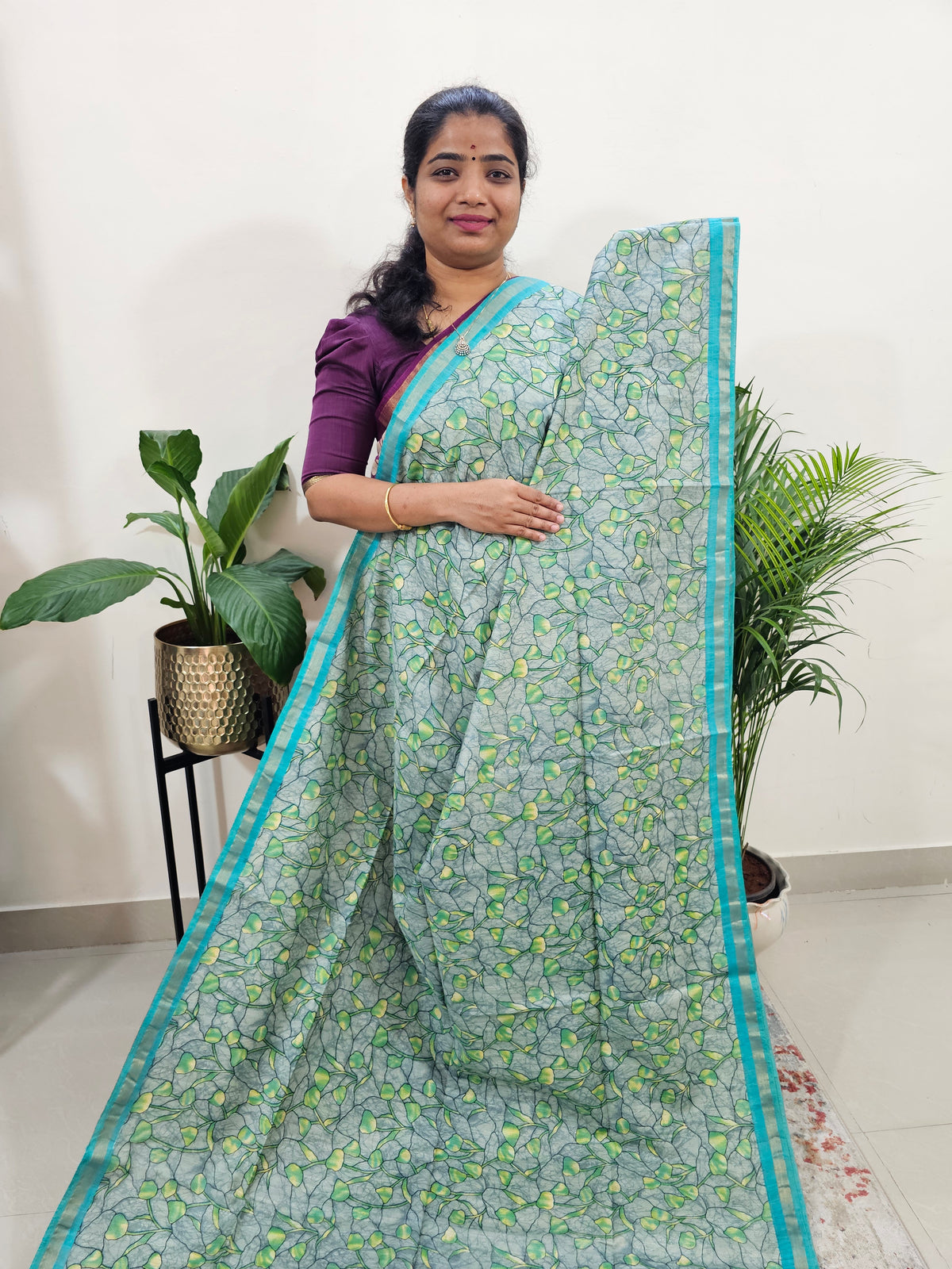 Tussar by Cotton - Grey with Sea Blue