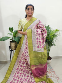 Semi Ghicha Elephant Printed Saree - Pink with Green