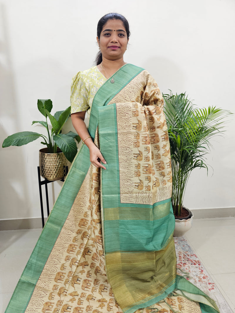 Semi Ghicha Elephant Printed Saree - Sandal with Green