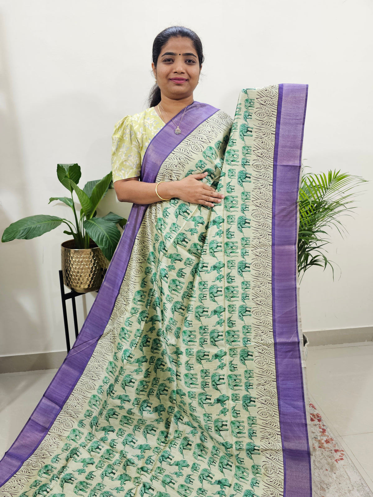 Semi Ghicha Elephant Printed Saree - Sea Green with Violet