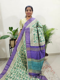 Semi Ghicha Elephant Printed Saree - Sea Green with Violet