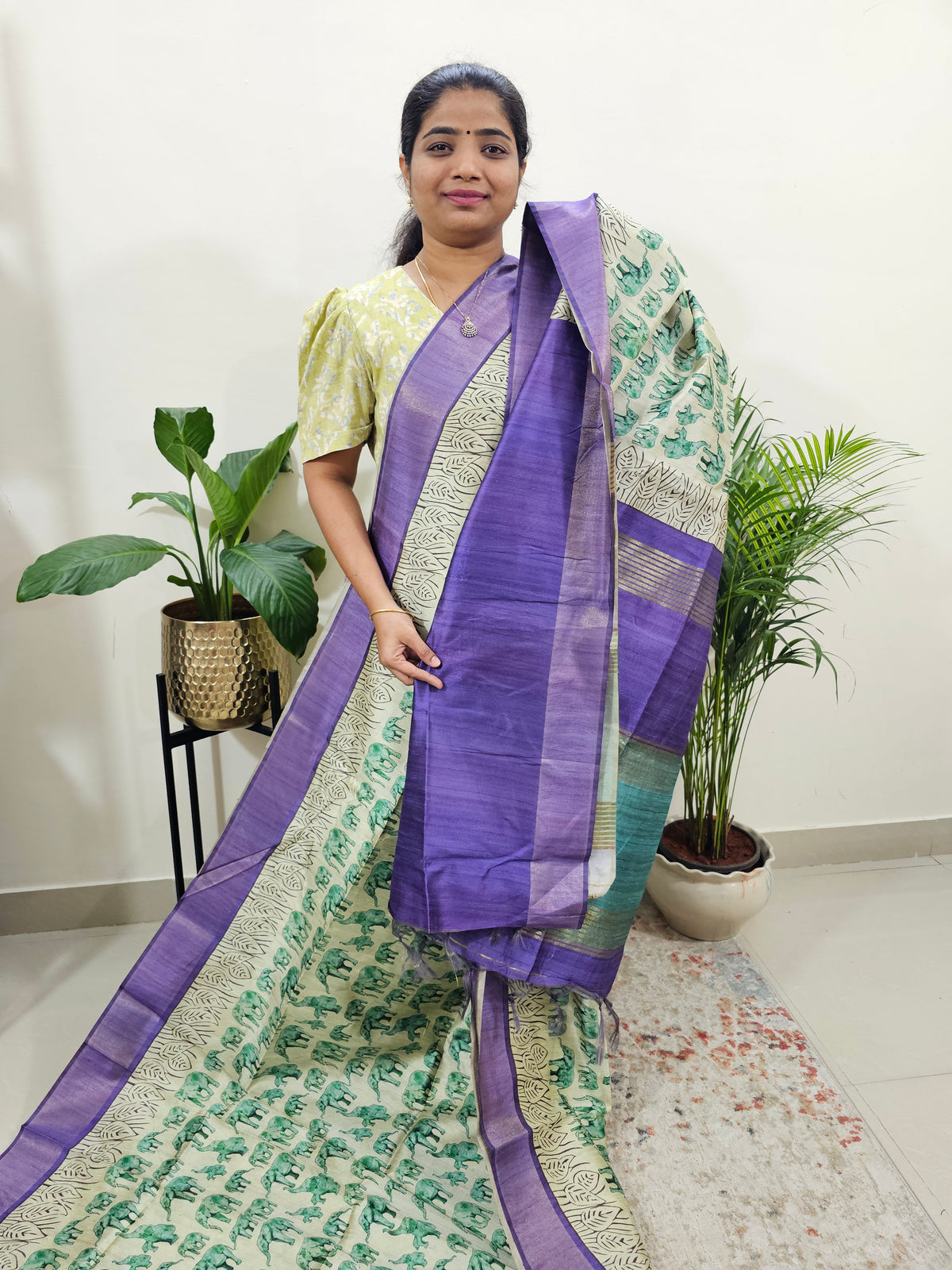 Semi Ghicha Elephant Printed Saree - Sea Green with Violet