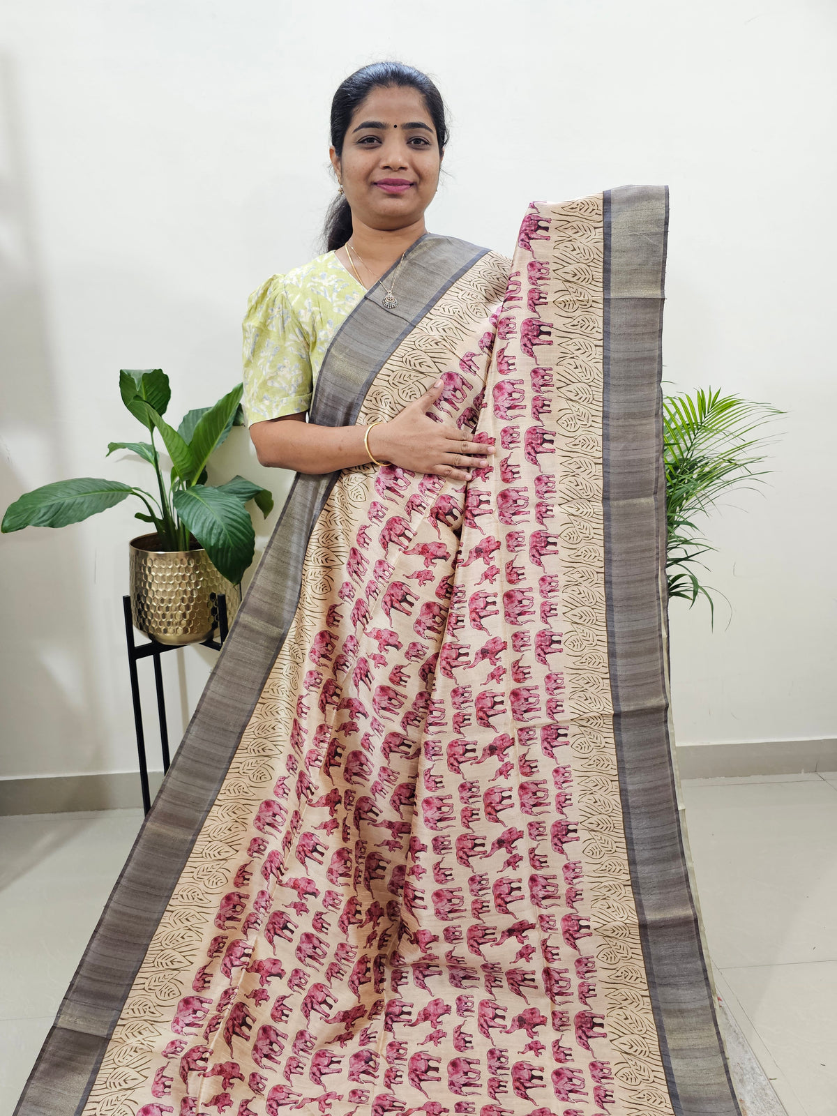 Semi Ghicha Elephant Printed Saree - Maroon with Grey