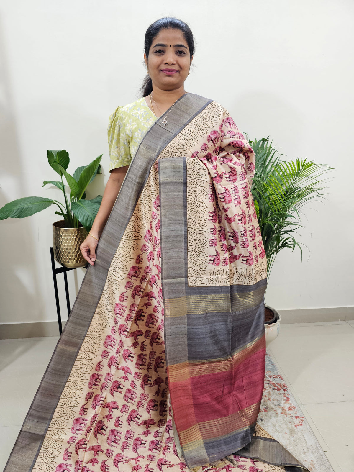 Semi Ghicha Elephant Printed Saree - Maroon with Grey