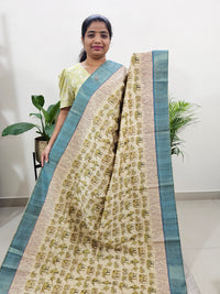 Semi Ghicha Elephant Printed Saree - Green with Blue