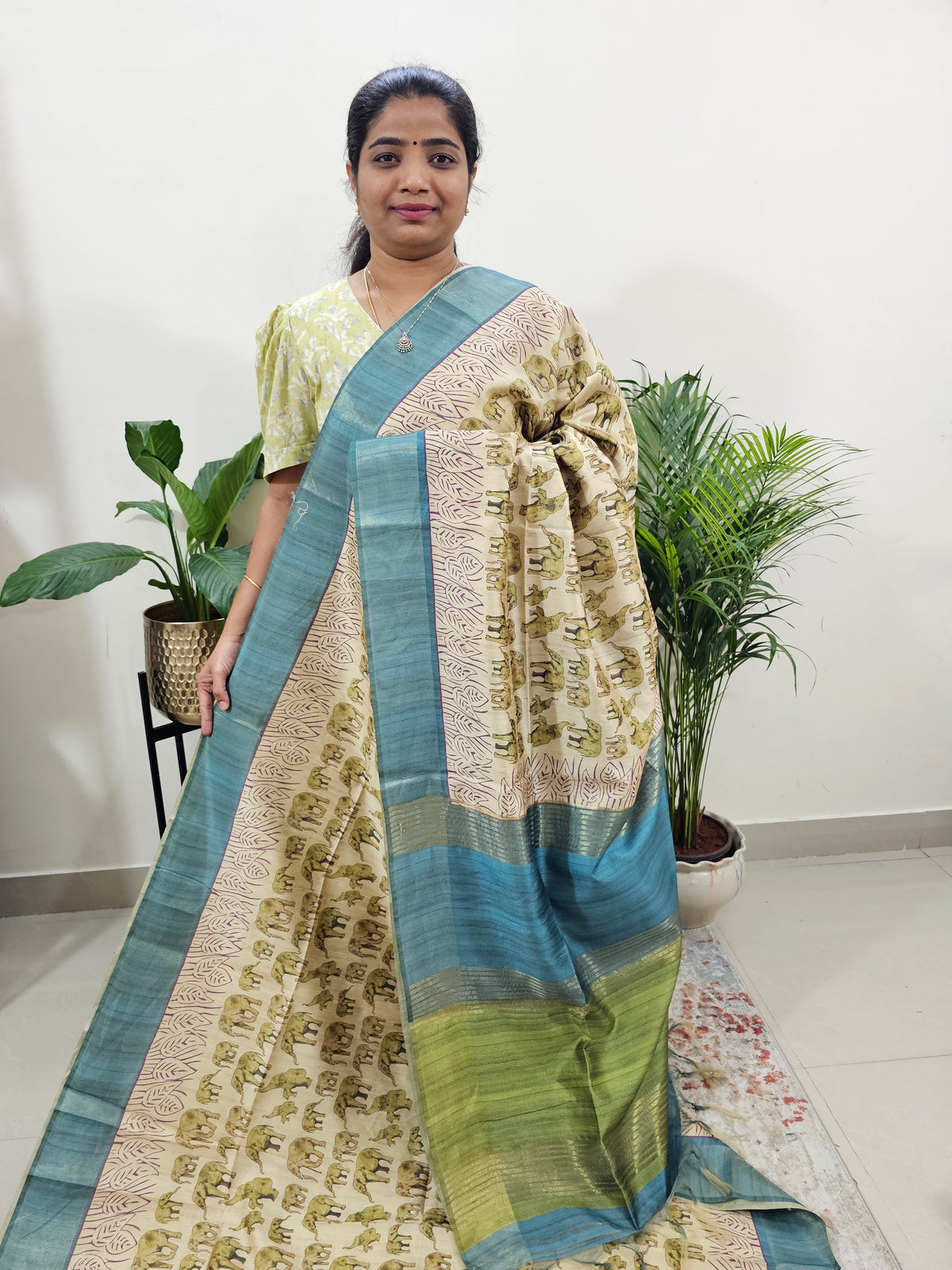 Semi Ghicha Elephant Printed Saree - Green with Blue