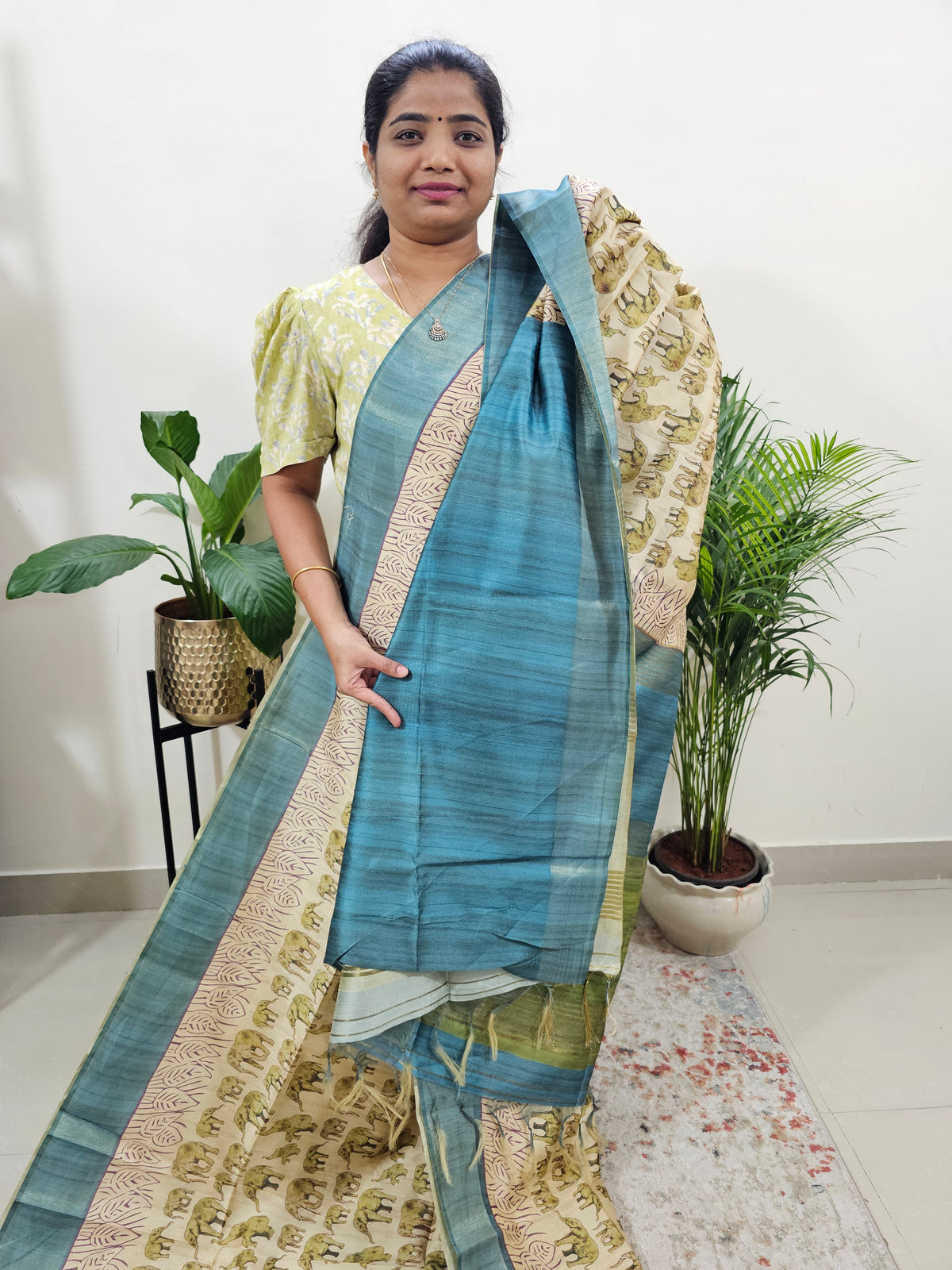 Semi Ghicha Elephant Printed Saree - Green with Blue