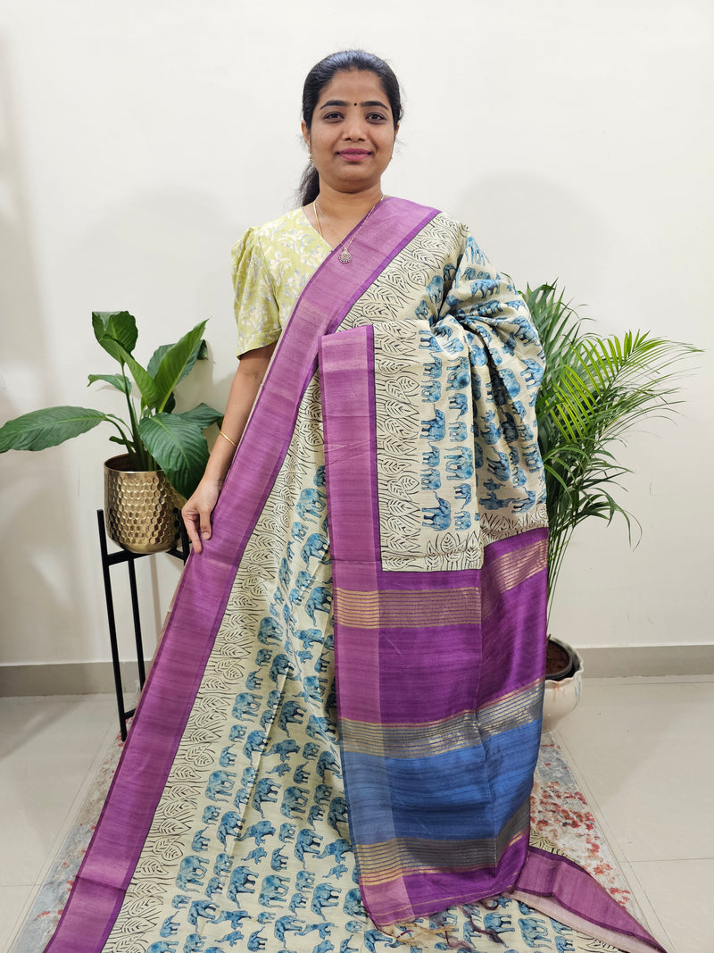 Semi Ghicha Elephant Printed Saree - Blue with Purple