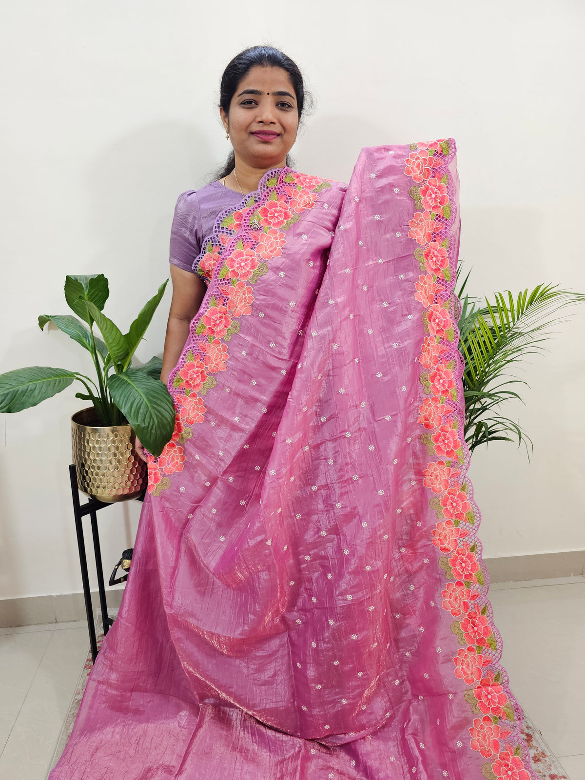 Premium Crushed Designer Soft Saree with Emboridery CutWork - Pink