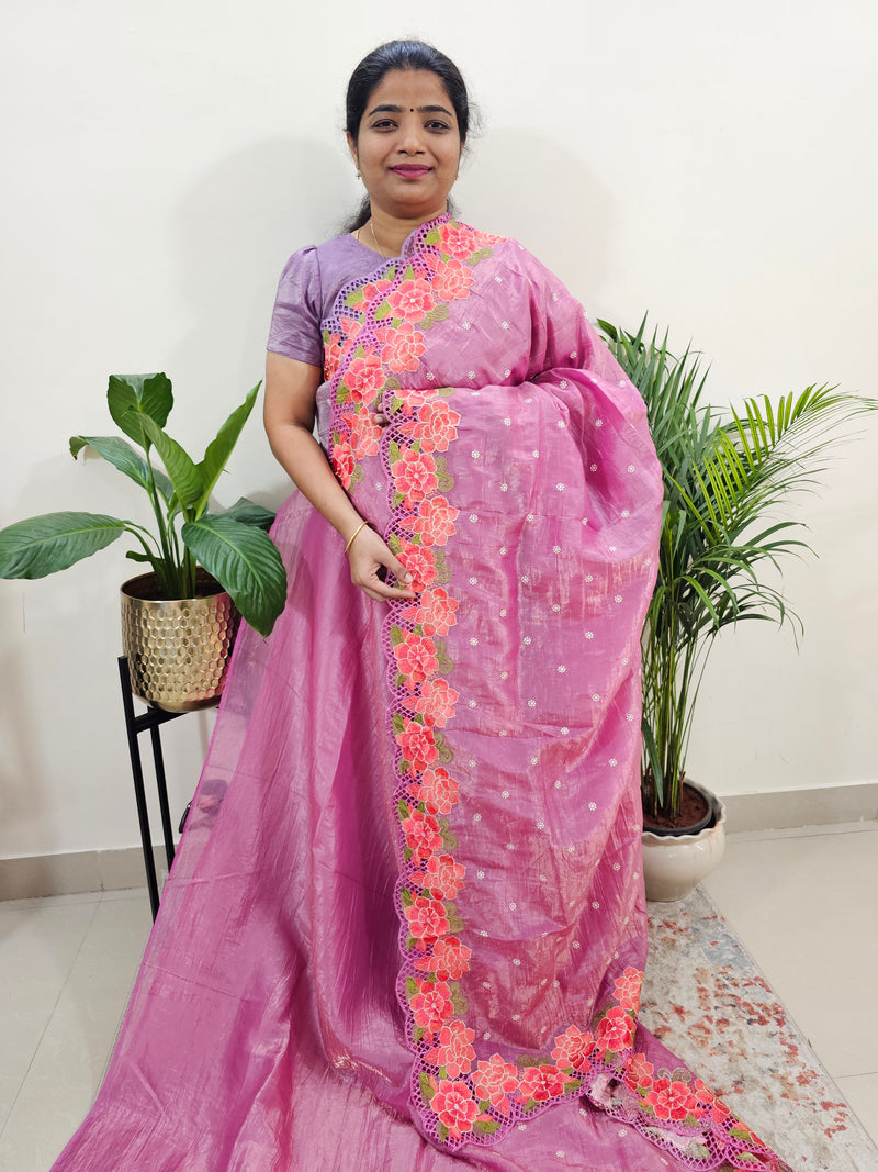 Premium Crushed Designer Soft Saree with Emboridery CutWork - Pink