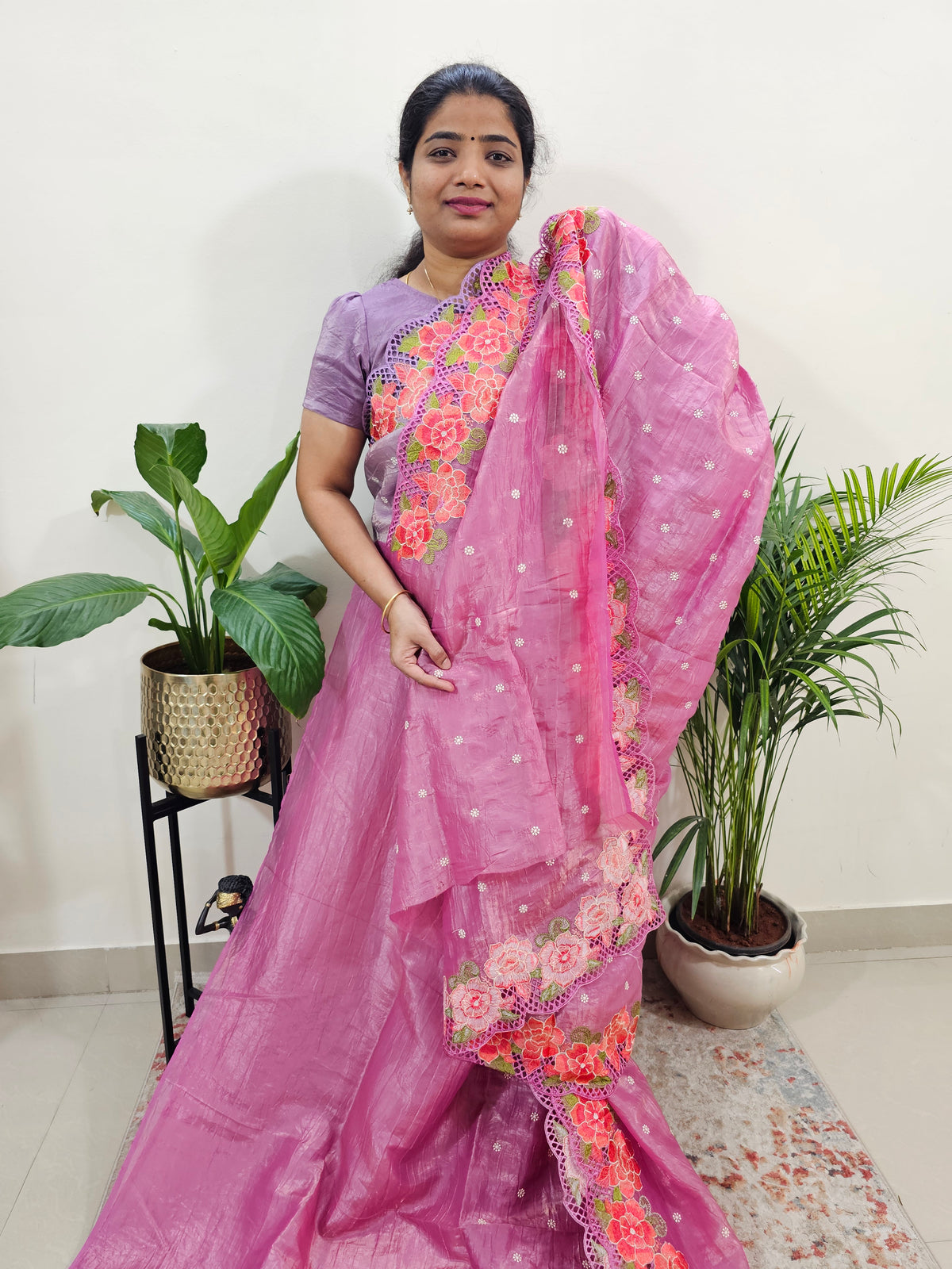 Premium Crushed Designer Soft Saree with Emboridery CutWork - Pink