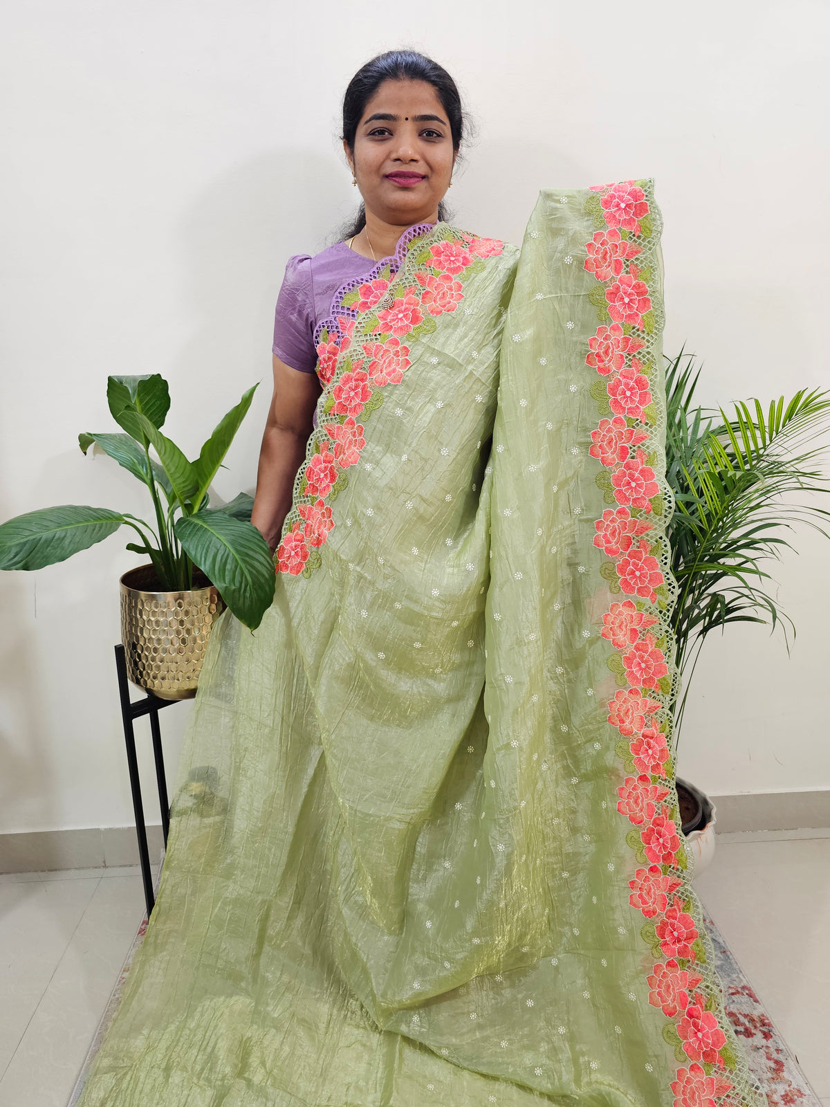 Premium Crushed Designer Soft Saree with Emboridery CutWork - Green