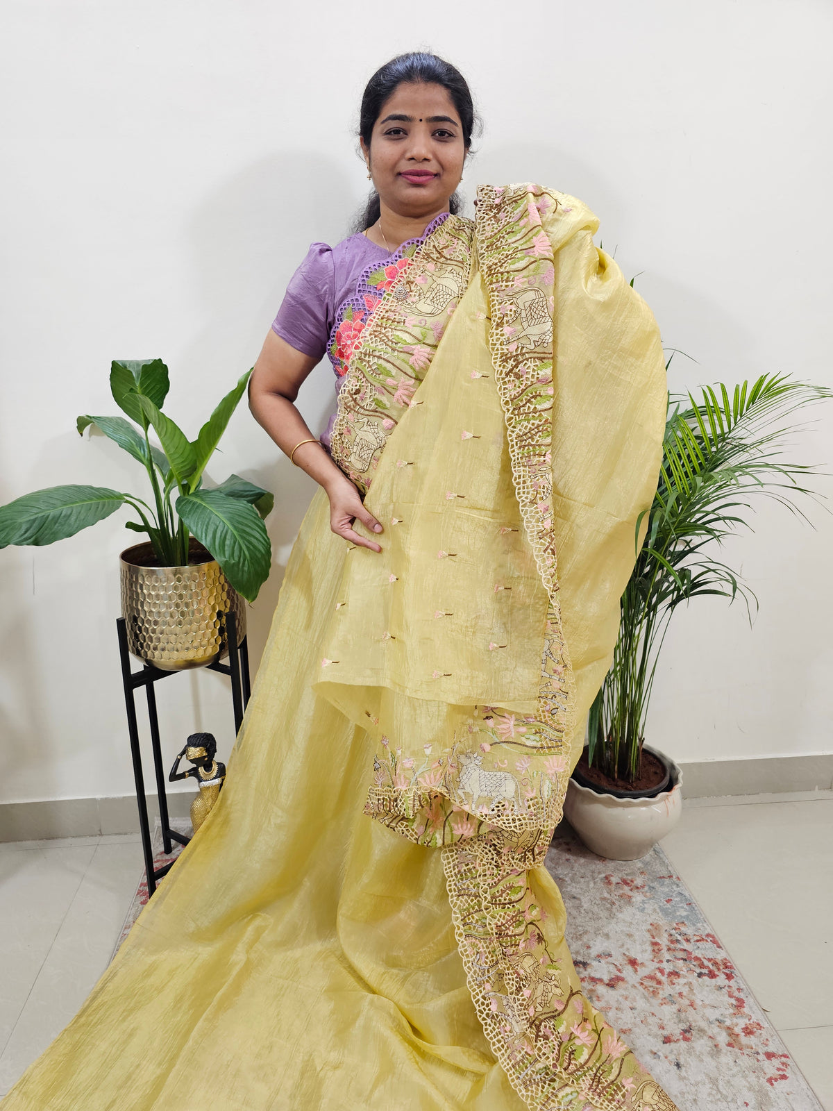 Premium Crushed Designer Soft Saree with Emboridery CutWork - Yellow