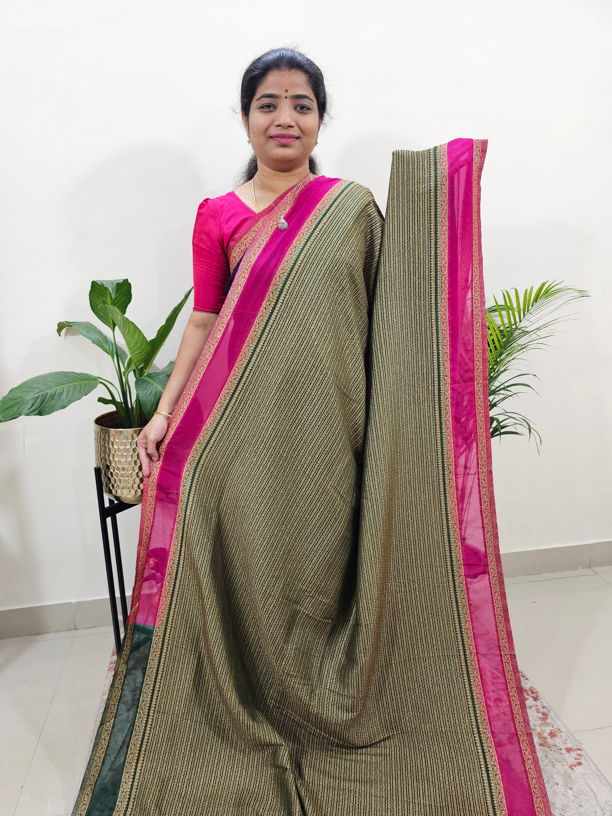 Semi Banarasi Silk Saree - Green with Pink