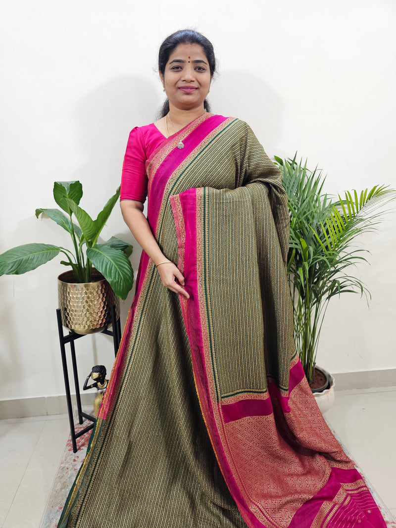 Semi Banarasi Silk Saree - Green with Pink