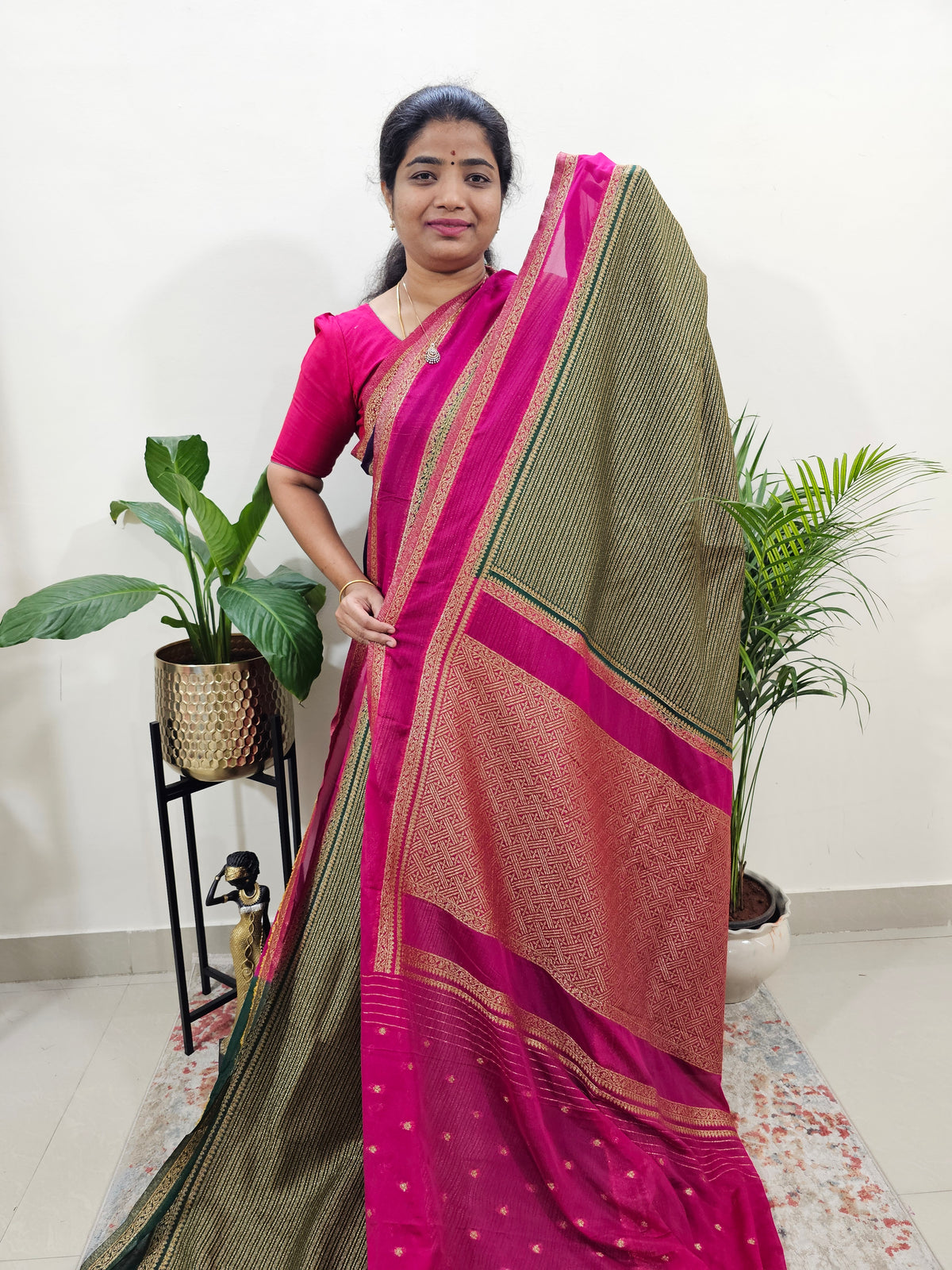 Semi Banarasi Silk Saree - Green with Pink