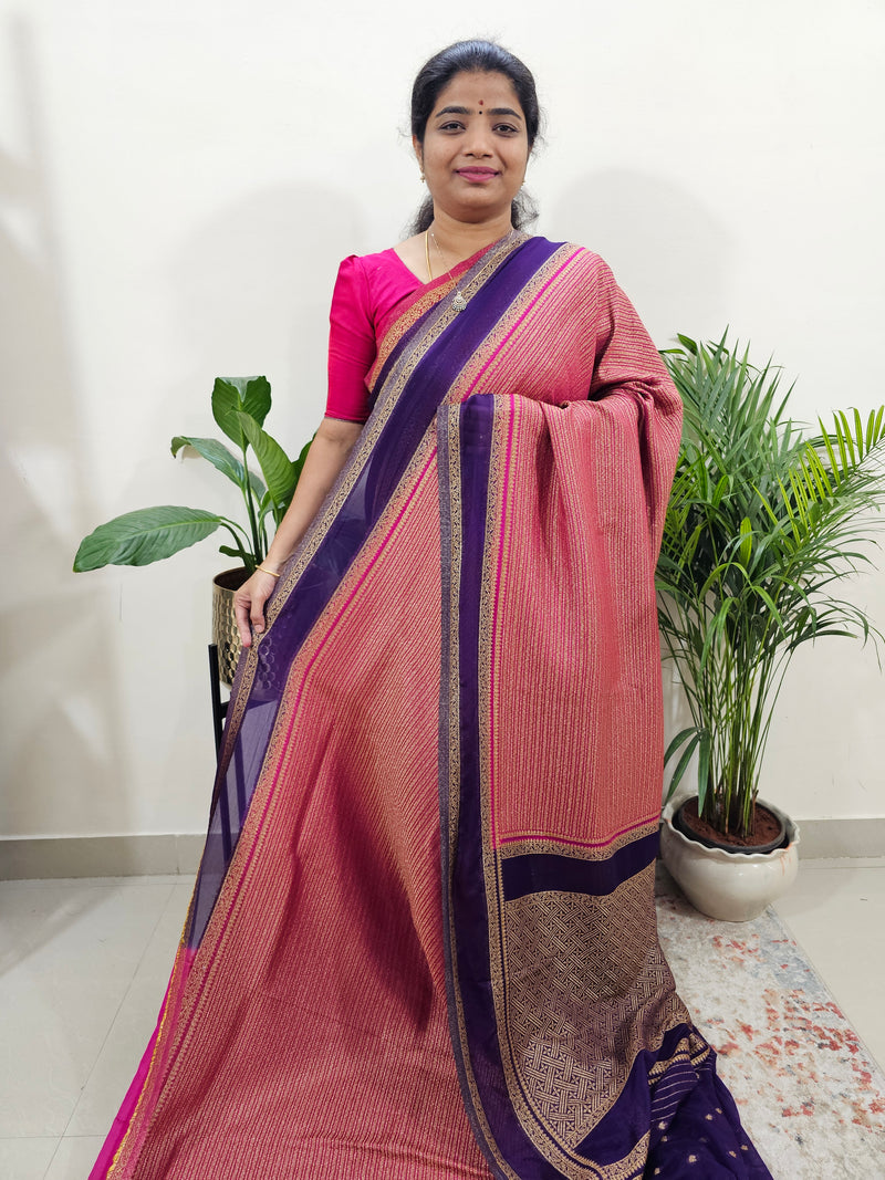 Semi Banarasi Silk Saree - Pink with Violet