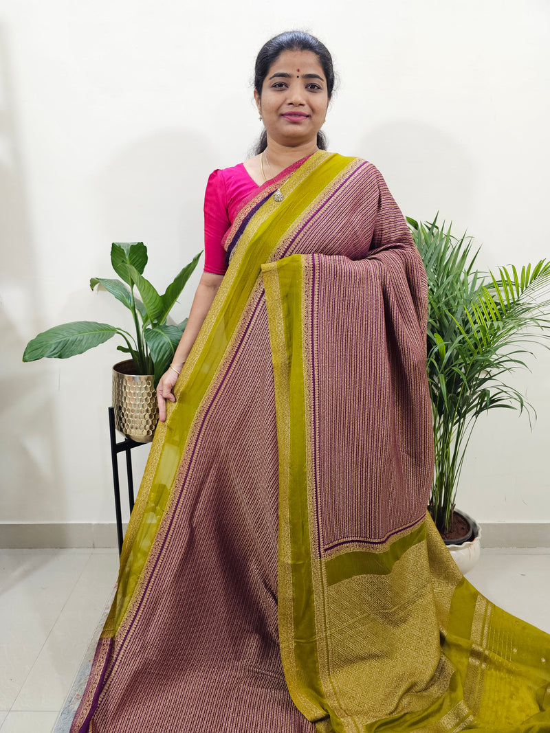 Semi Banarasi Silk Saree - Dark Purple with Lime Green