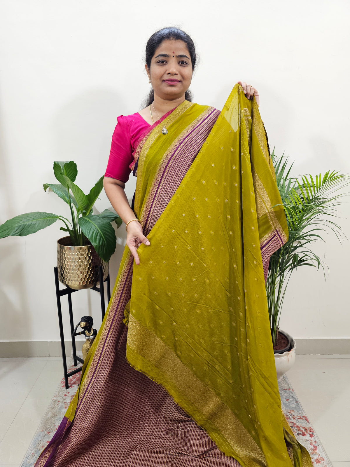 Semi Banarasi Silk Saree - Dark Purple with Lime Green