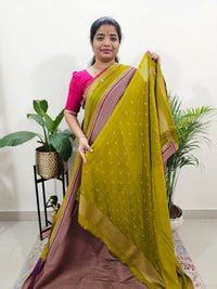 Semi Banarasi Silk Saree - Dark Purple with Lime Green