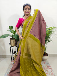 Semi Banarasi Silk Saree - Dark Purple with Lime Green