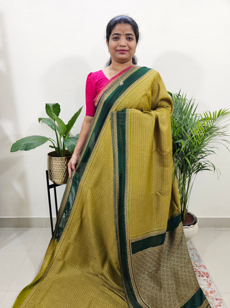 Semi Banarasi Silk Saree - Lime Green with Bottle Green