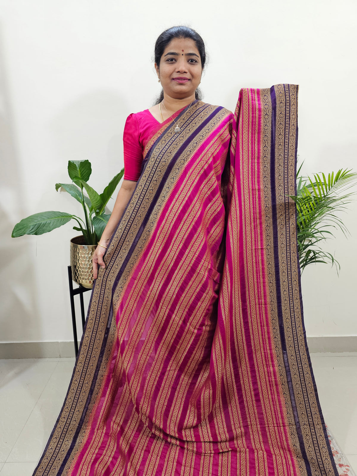 Semi Banarasi Silk Saree - Pink with Purple