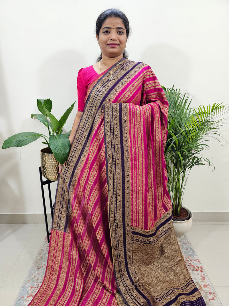 Semi Banarasi Silk Saree - Pink with Purple