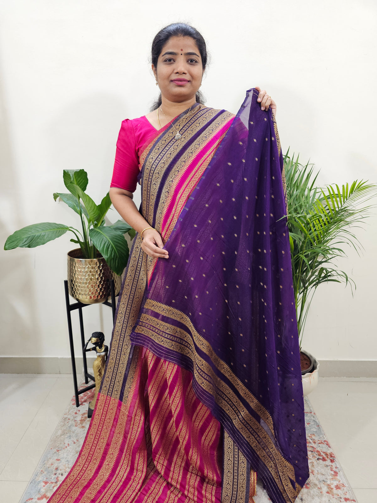 Semi Banarasi Silk Saree - Pink with Purple