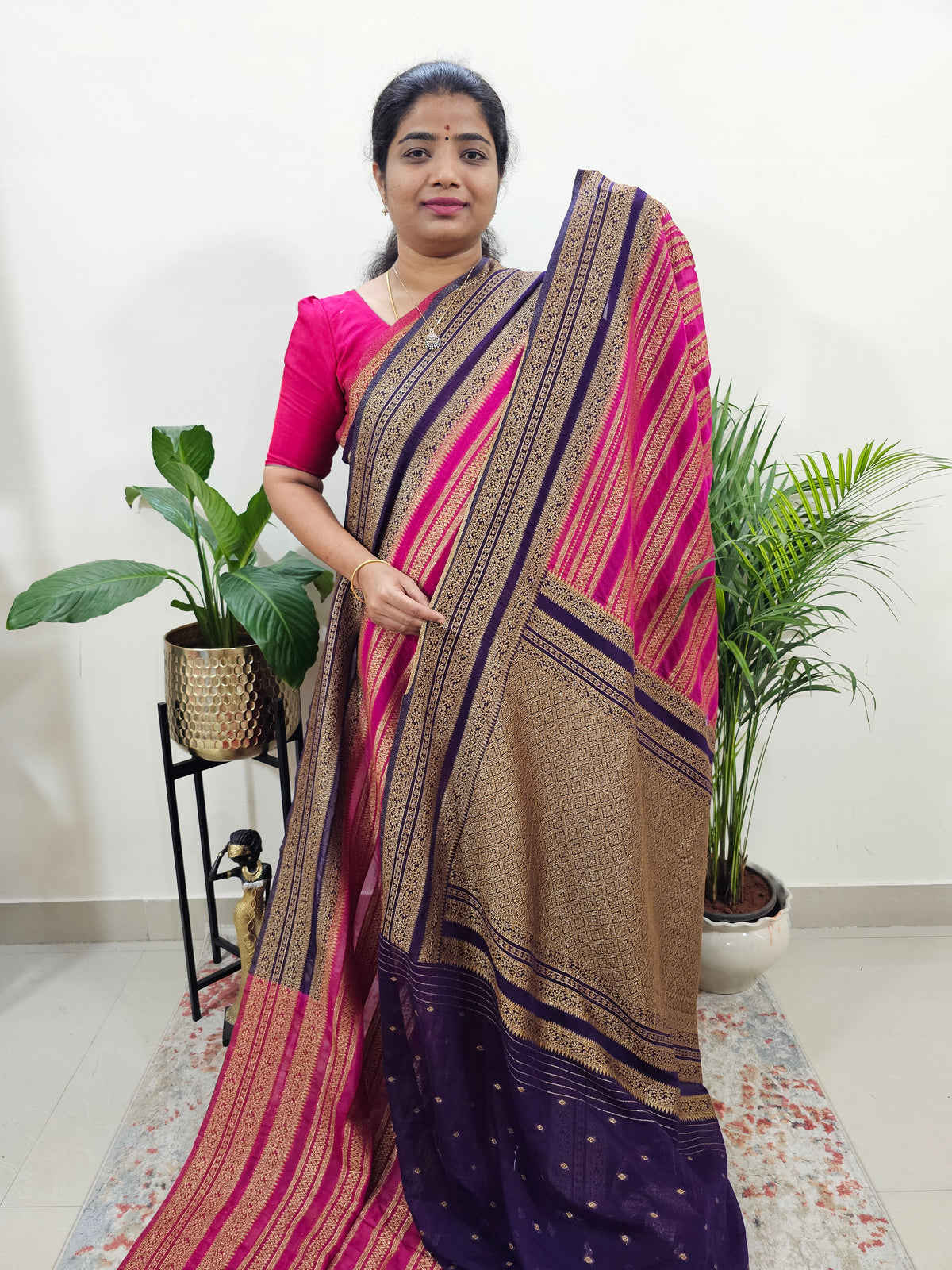 Semi Banarasi Silk Saree - Pink with Purple