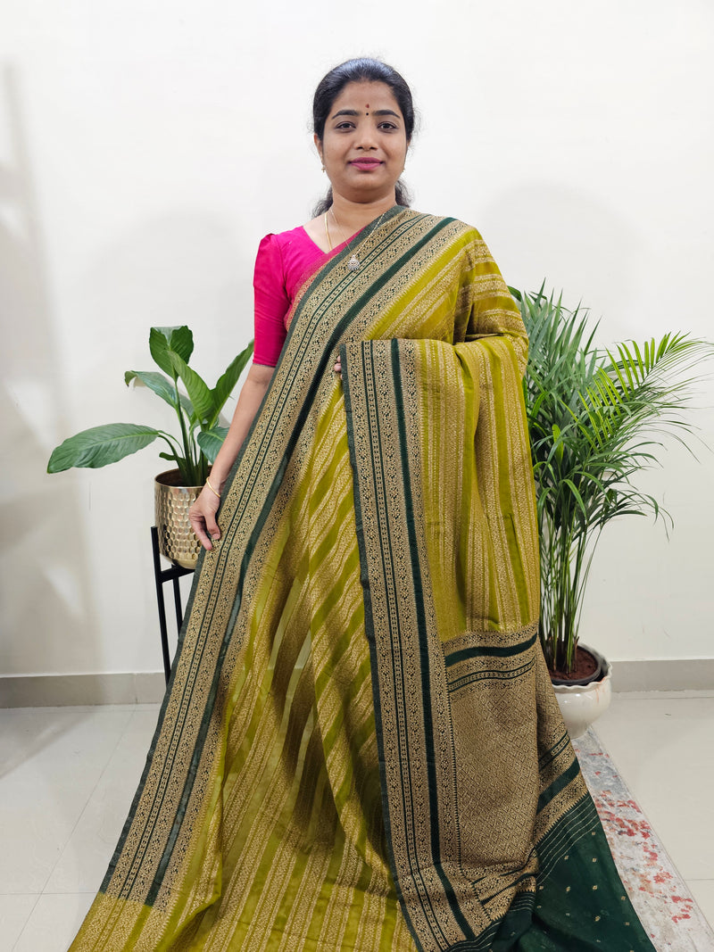 Semi Banarasi Silk Saree - Lime Green with Bottle Green