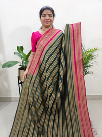 Semi Banarasi Silk Saree - Bottle Green with Pink