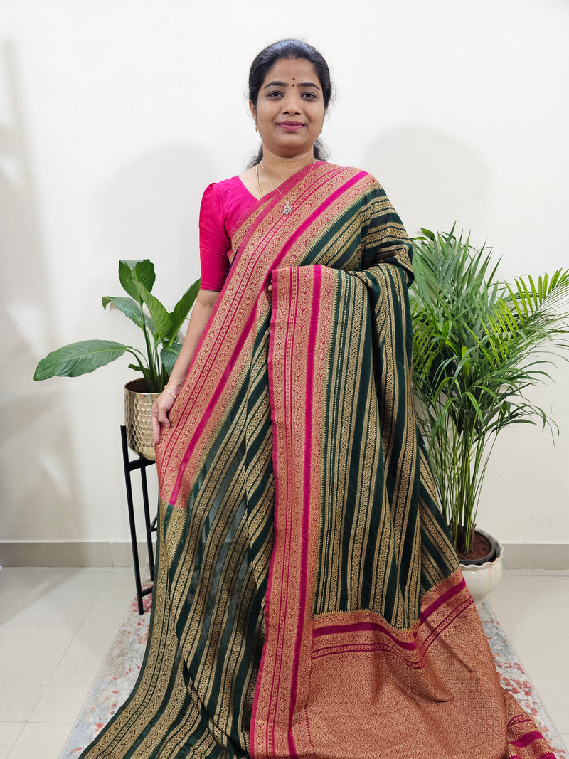 Semi Banarasi Silk Saree - Bottle Green with Pink