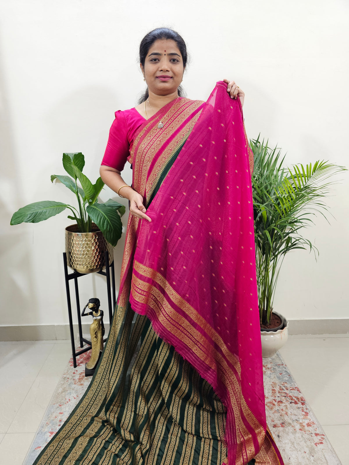 Semi Banarasi Silk Saree - Bottle Green with Pink