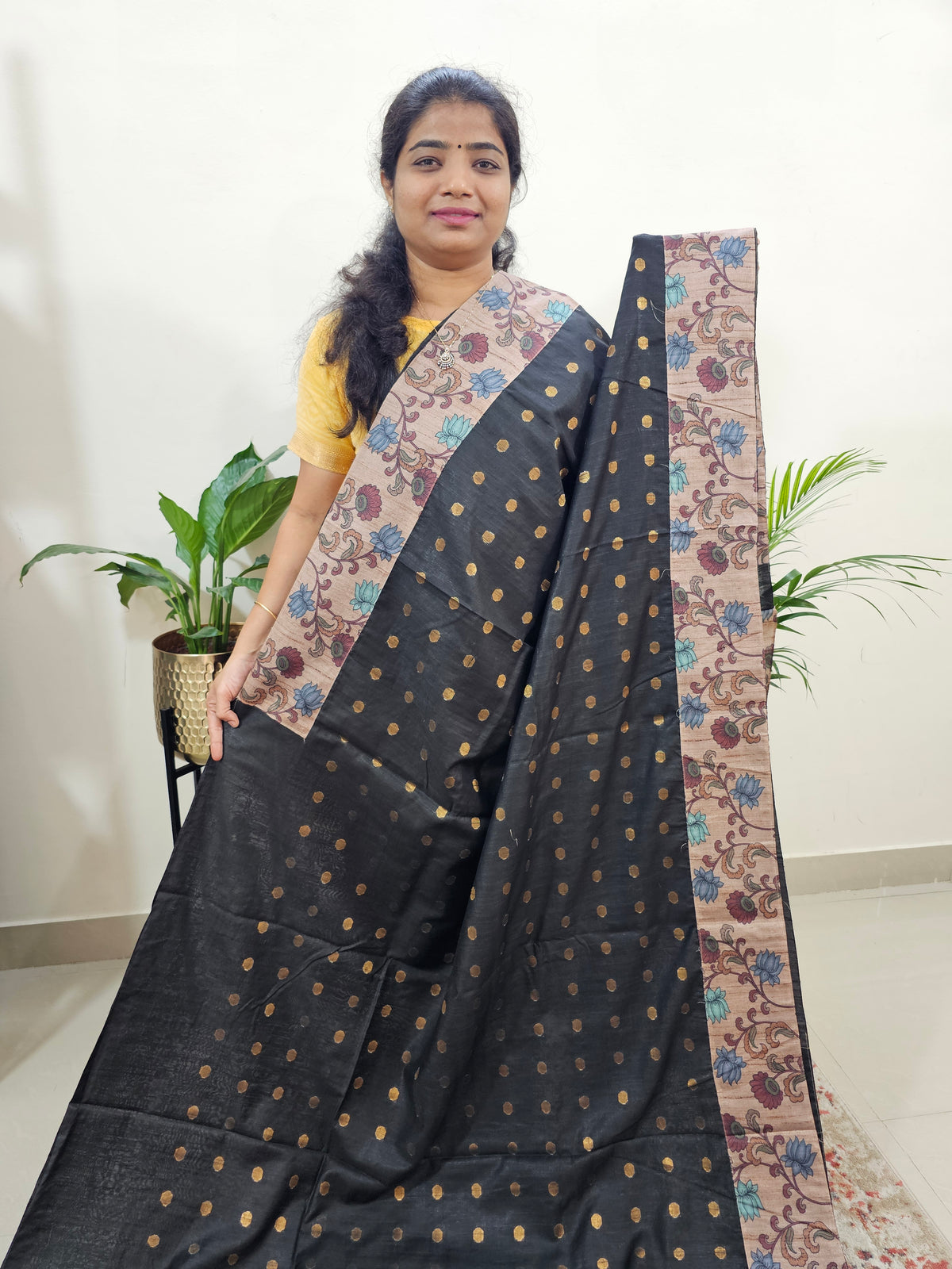 Semi Tussar Kalamkari Patch Work Border with Matching Blouse  -  Black