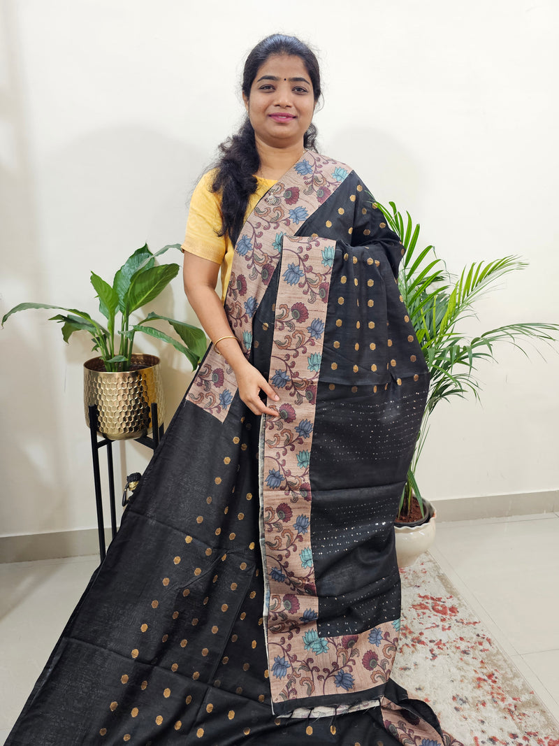 Semi Tussar Kalamkari Patch Work Border with Matching Blouse  -  Black