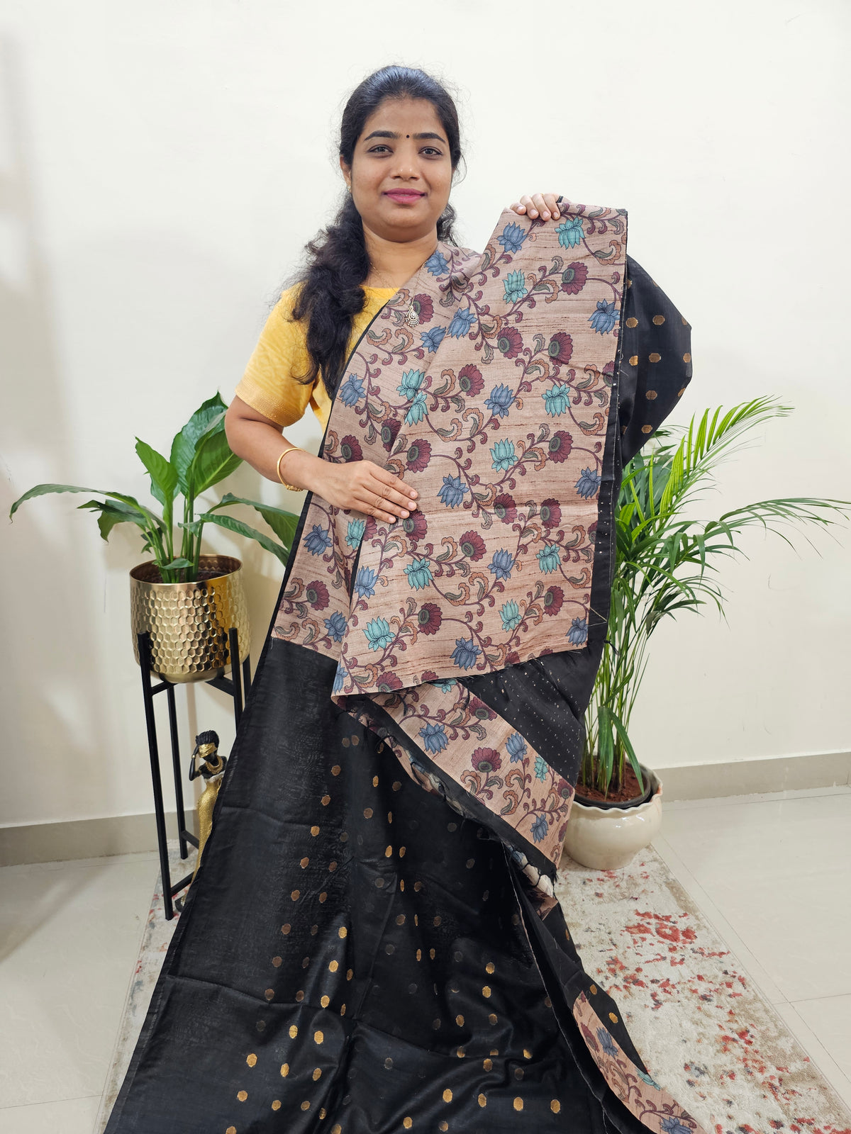 Semi Tussar Kalamkari Patch Work Border with Matching Blouse  -  Black